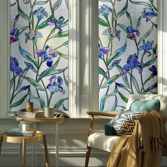 Window Privacy Stained Glass Film Decorative IRIS Flower Static Cling 17x118 in - Picture 3 of 4